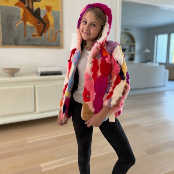 Adrienne Landau Kids Girls Multicolor Real Rabbit Fur Jacket - Picture 2 of 11